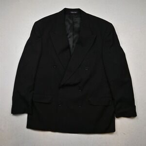 Vtg Mens Double Breasted 46R Black 100% Wool Mens Blazer Suit Jacket Sport Coat